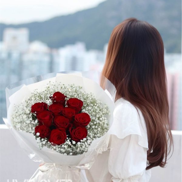 Be My Valentine 11支紅玫瑰花束｜外圍滿天星｜HWFLOWER 預訂專屬花束生日推薦款