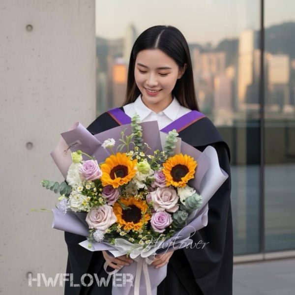 HW Flower畢業向日葵花束｜三朵盛放向日葵・紫色浪漫畢業禮｜香港畢業花推薦