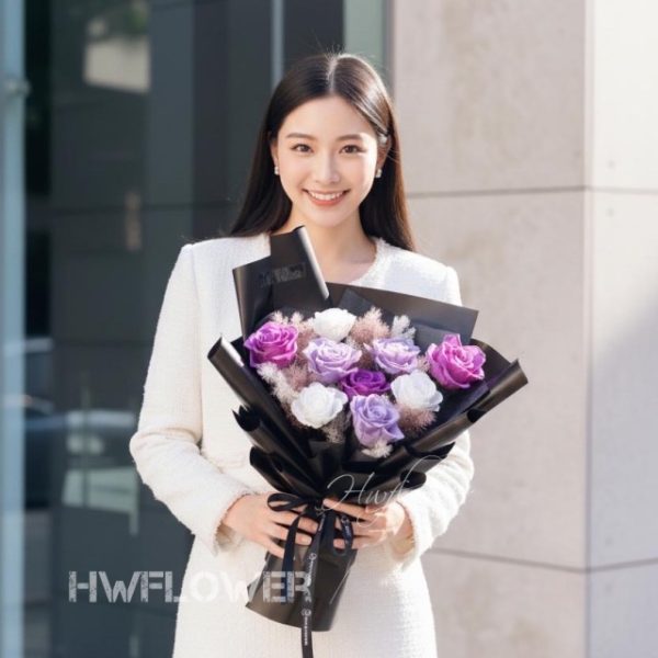 紫色漸變永生玫瑰花束｜白・紫・深紫九朵設計｜HWFLOWER