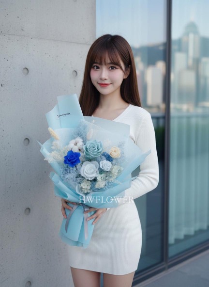 2026情人節藍色永生玫瑰花束｜HWFLOWER香港送花｜深藍、淺藍及寶藍玫瑰搭配擴香手工花