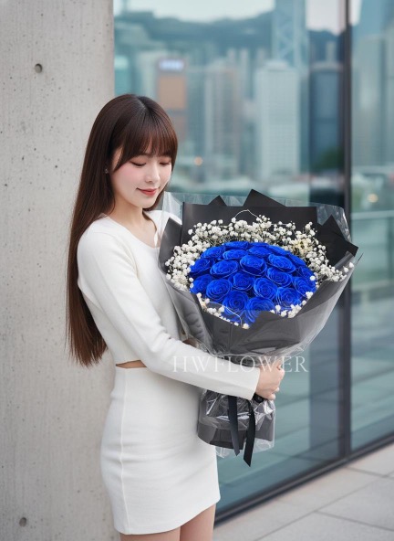 2026 情人節 21 支藍色香皂玫瑰花束 黑色包裝 乾燥滿天星 香港送花