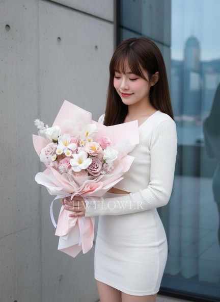 粉紅色調香皂花花束｜粉紅玫瑰＋灰紫玫瑰＋鬱金香＋洋甘菊｜HWFLOWER 高端香皂花