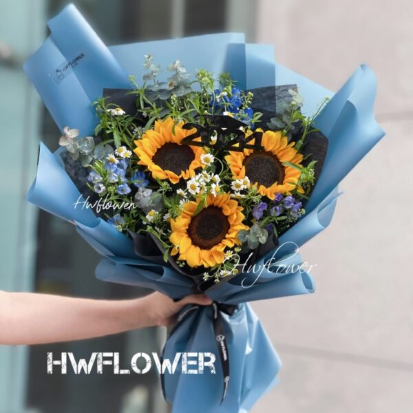 HW Flower 3支向日葵洋甘菊花束 (海洋藍色系)｜畢業禮物 ‧ 榮休歡送 ‧ 生日送花首選 (付費配送/免費自取 ‧ 提早預訂)